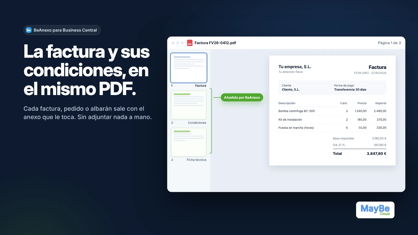 La factura y sus condiciones en el mismo PDF: BeAnexo para Business Central