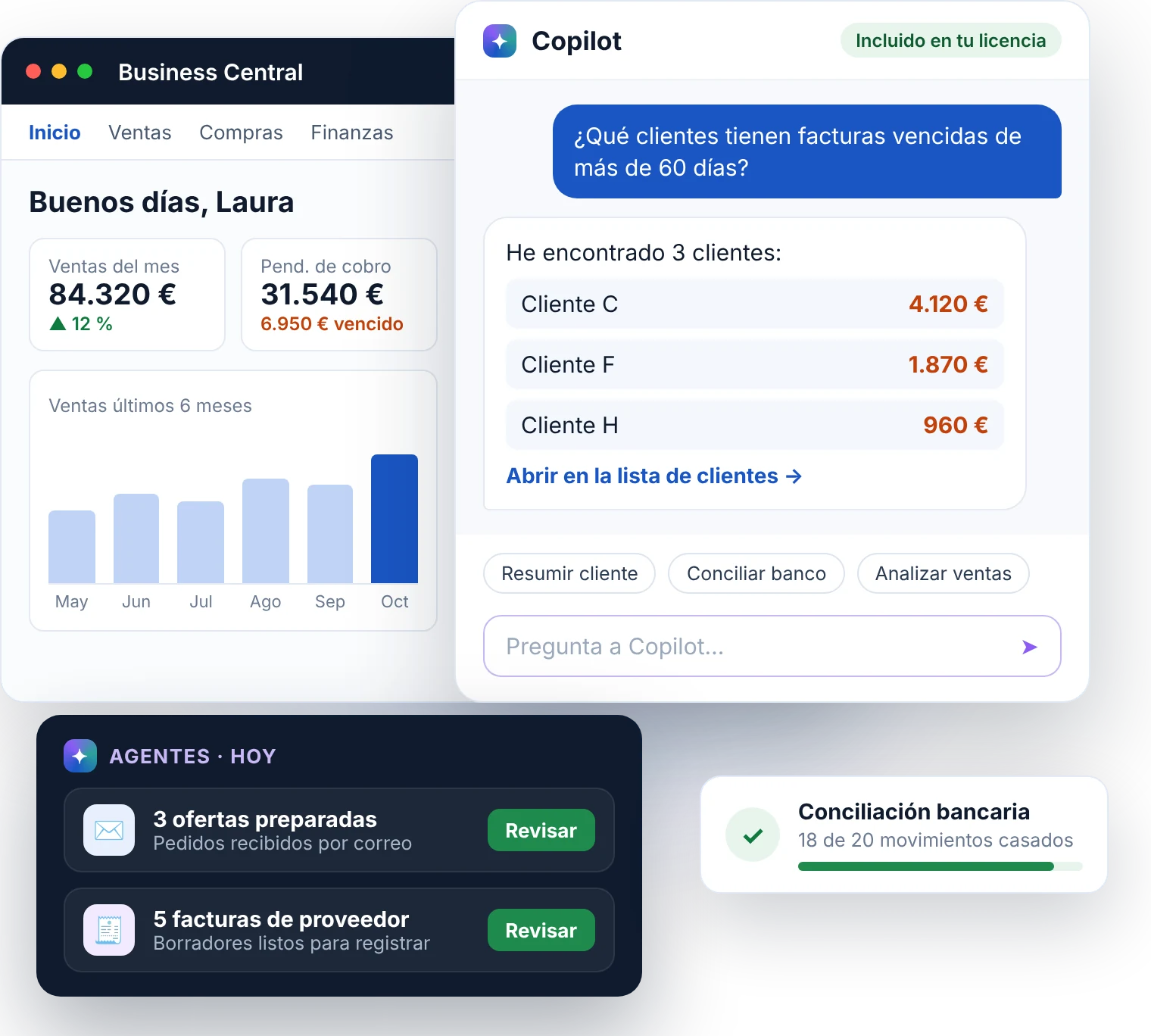Copilot en Business Central: chat con Copilot sobre facturas vencidas, agentes que preparan ofertas y facturas de proveedor, y conciliación bancaria asistida