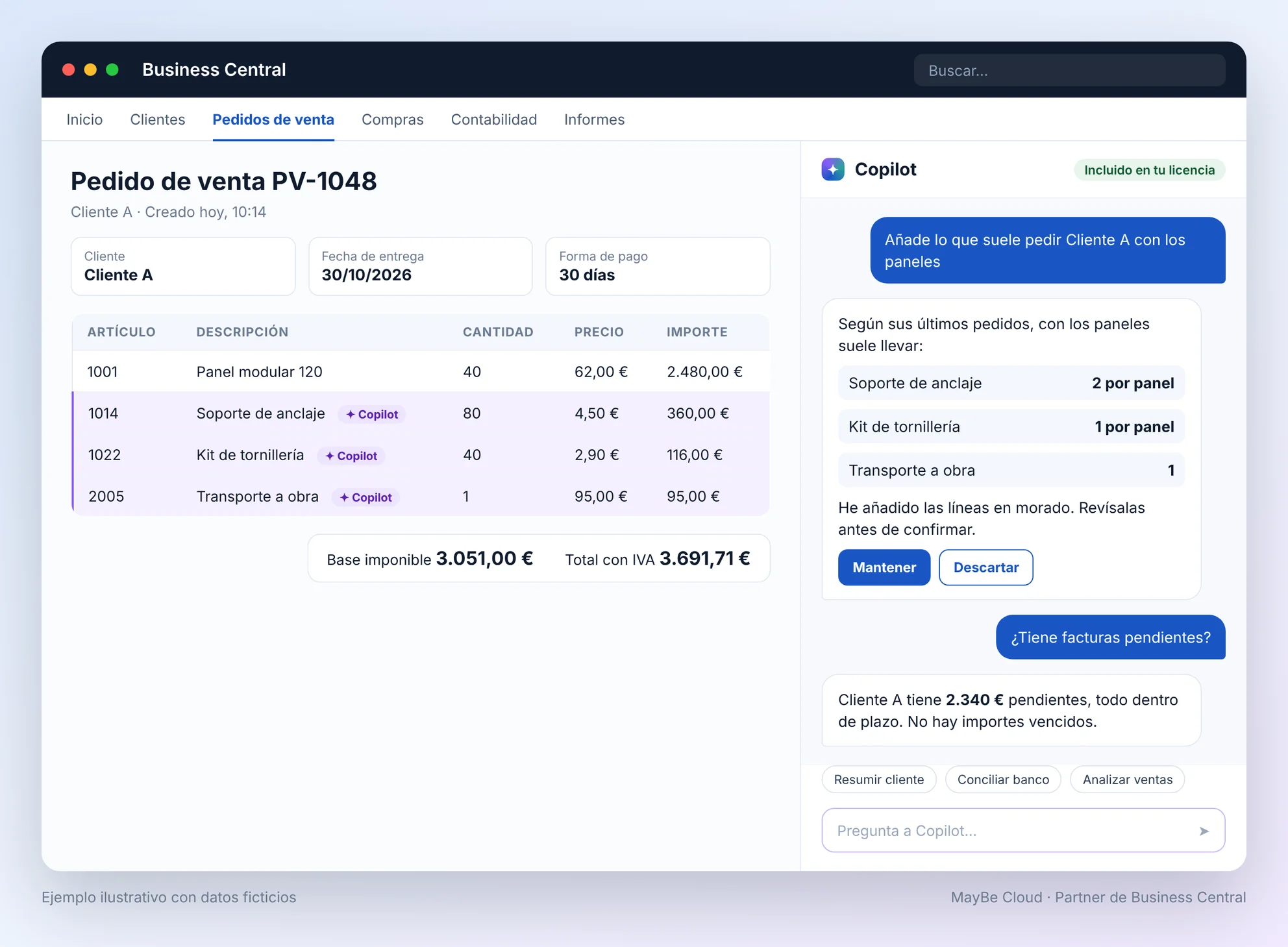 Copilot en Business Central sugiriendo líneas de un pedido de venta y respondiendo preguntas sobre facturas pendientes