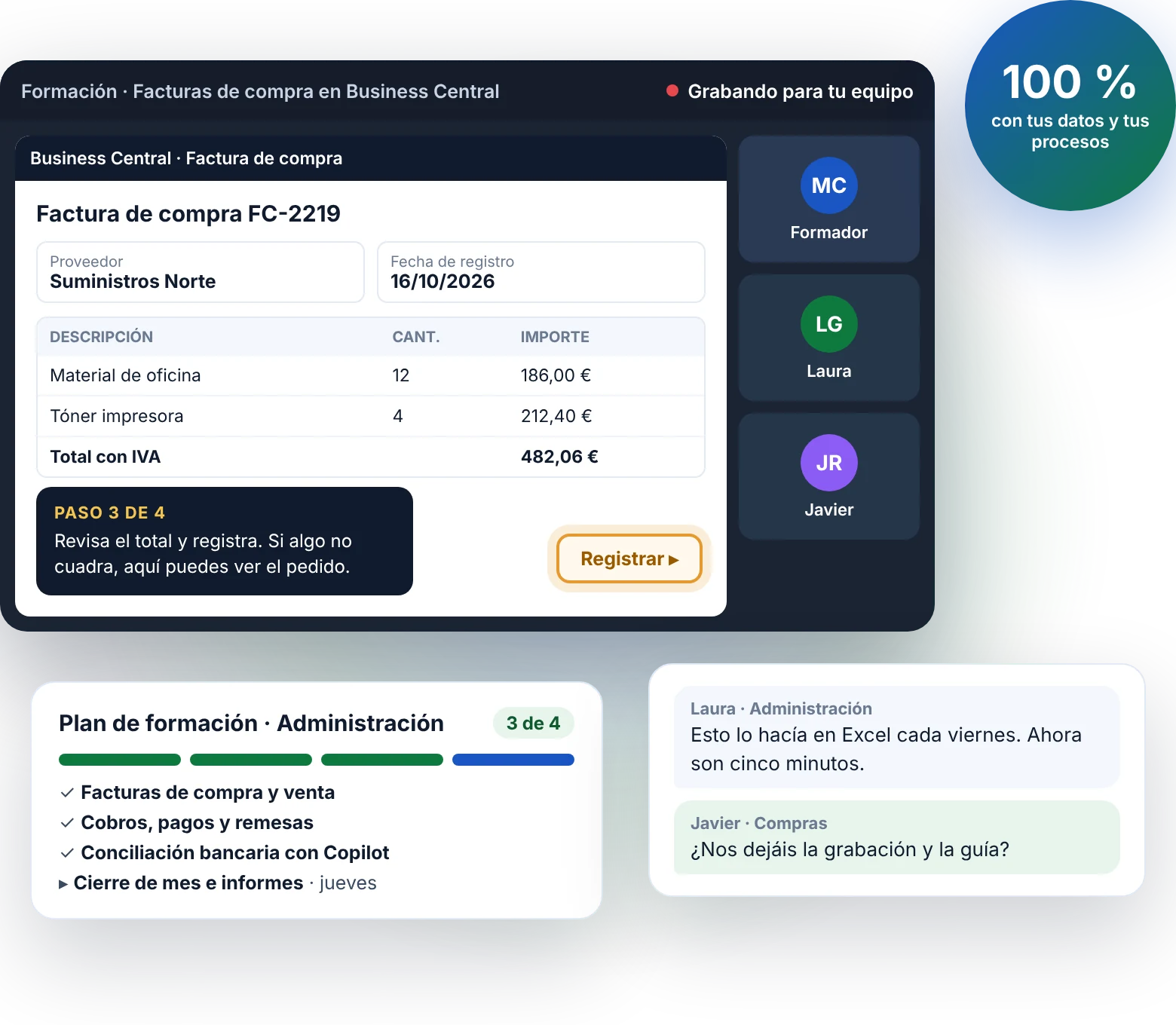 Formación en Business Central: sesión práctica en remoto sobre facturas de compra, plan de formación por puestos y comentarios del equipo