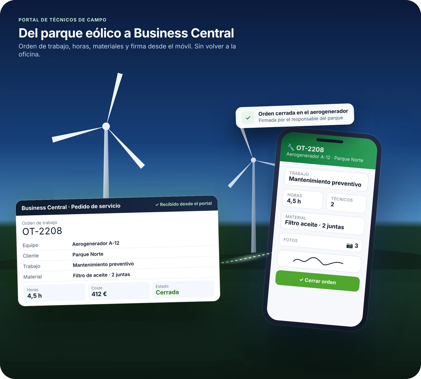 Portal de técnicos de campo con orden de trabajo y firma, conectado con Business Central