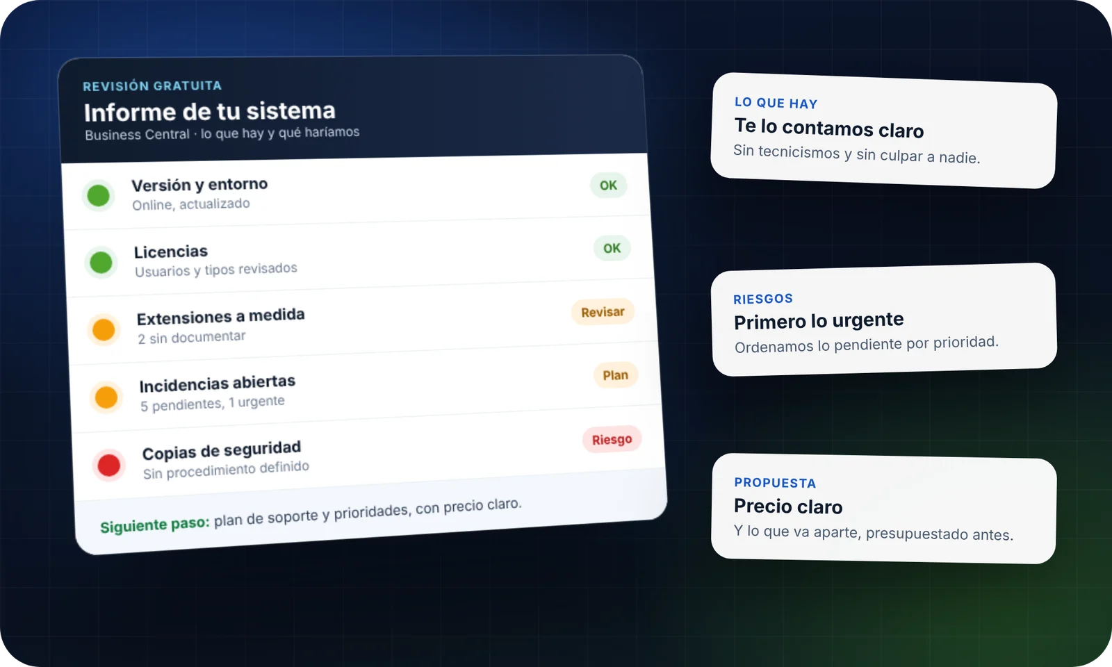 Informe de revisión gratuita de Business Central con versión, licencias, extensiones, incidencias y riesgos