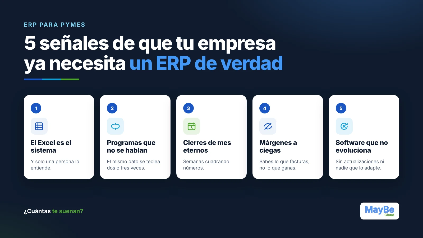 5 señales de que tu empresa ya necesita un ERP de verdad: Excel como sistema, programas desconectados, cierres lentos, márgenes a ciegas y software que no evoluciona
