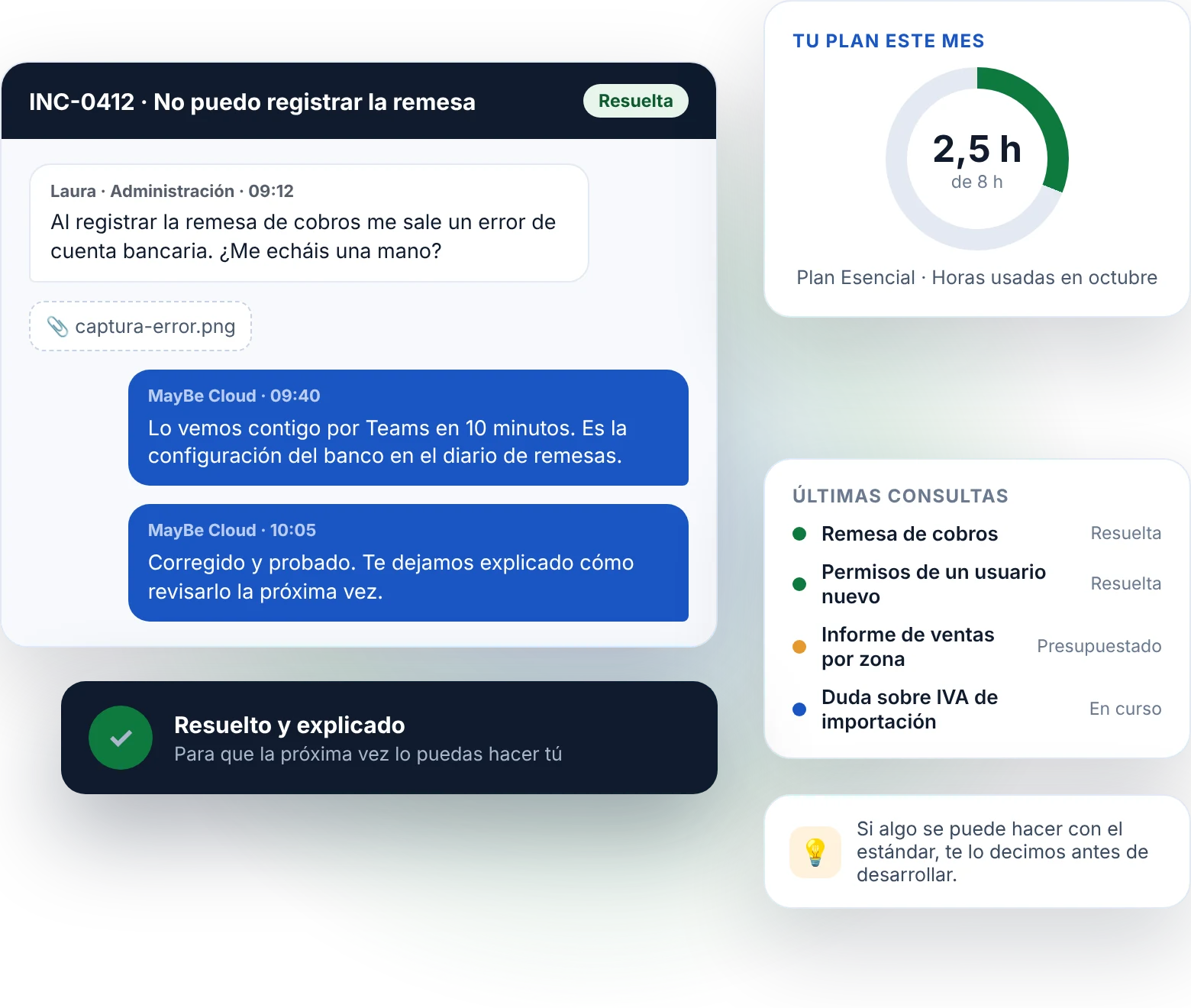 Soporte de Business Central: incidencia resuelta por Teams, horas del plan consumidas en el mes y últimas consultas
